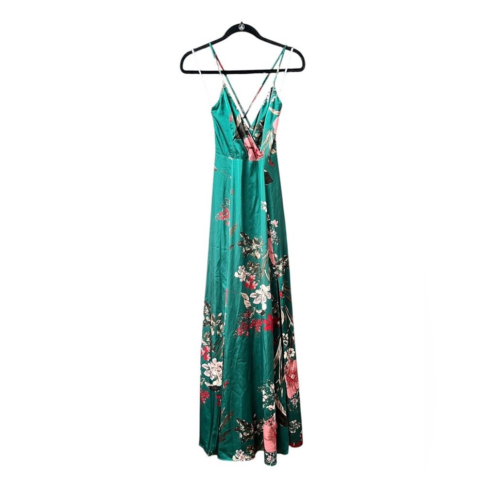 Lulu's Still The One Emerald Green Floral Satin Maxi Dress XS NWT - Picture 2 of 15